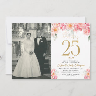 Convite Rosa e Dourado Floral 25º Aniversário
