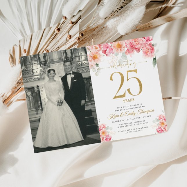 Convite Rosa e Dourado Floral 25º Aniversário (Criador carregado)