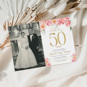 Convite Rosa e Dourado Floral 50º Aniversário