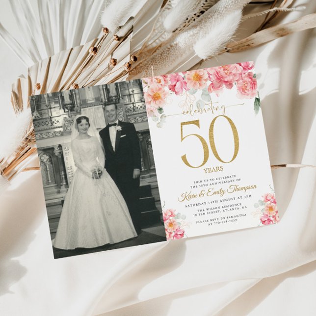 Convite Rosa e Dourado Floral 50º Aniversário (Criador carregado)