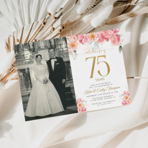 Convite Rosa e Dourado Floral 75º Aniversário