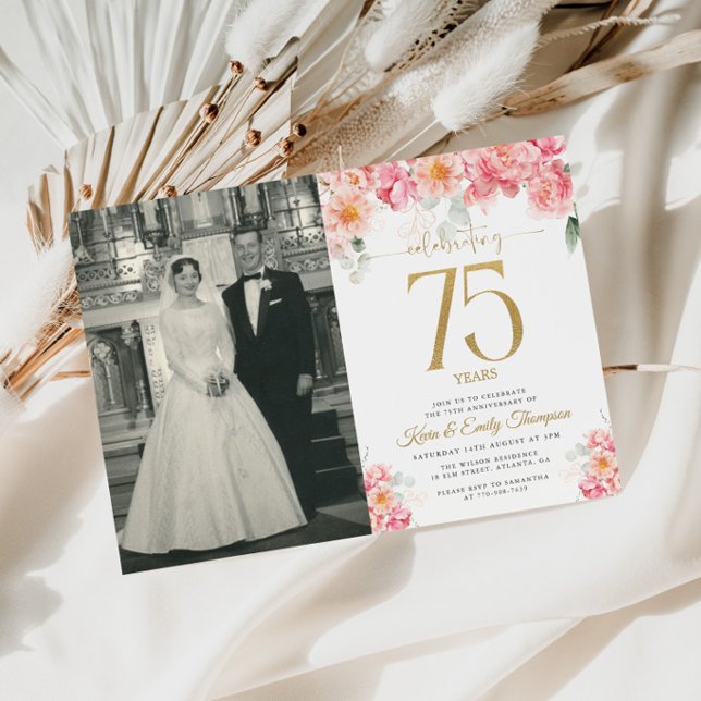 Convite Rosa e Dourado Floral 75º Aniversário (Criador carregado)