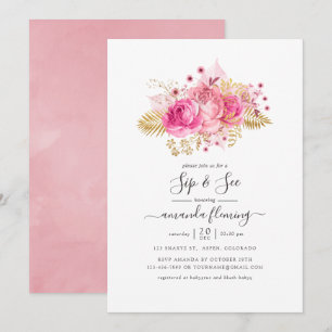 Convite Rosa e Dourado Floral Tropical Sip and See