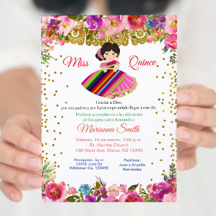 Convite Rosa e dourado Miss Quinceañera Mexicana