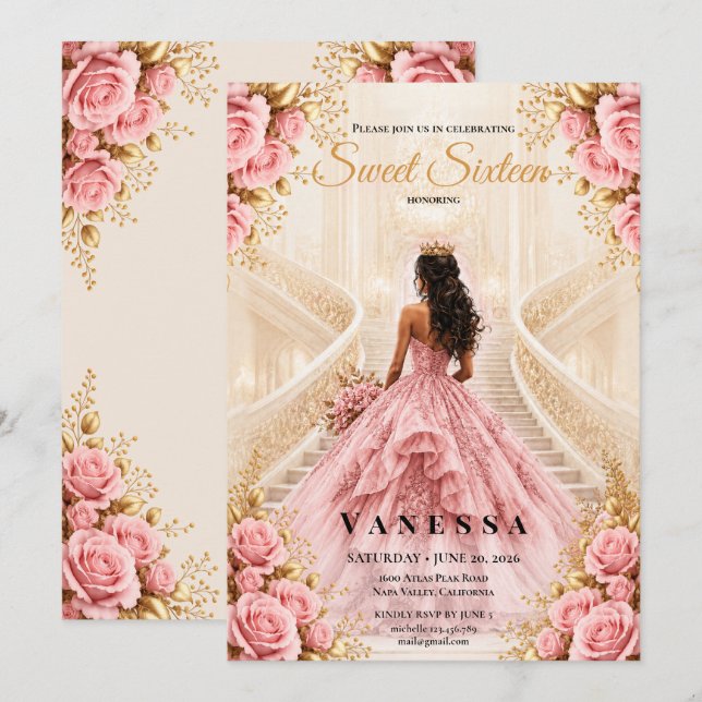 Convite rosa e dourado para festa de 16 anos de pr (Frente/Verso)