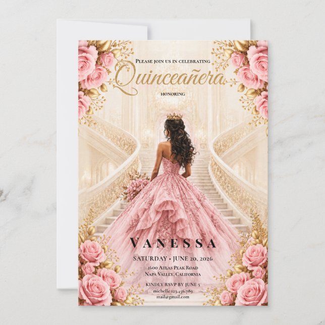 Convite Rosa e Dourado para Quinze Anos (Frente)