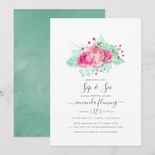 Convite Rosa e Floral Mint Sip e See (Frente/Verso)