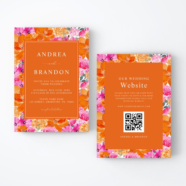 Convite Rosa e Laranja | Jardim Vibrante | Casamento com Q (Criador carregado)