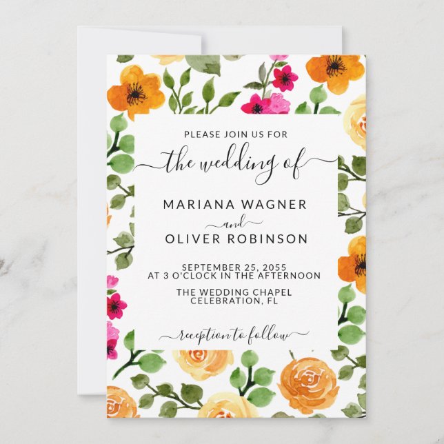 Convite Rosa e Laranja Simples Floral Elegante Script (Frente)