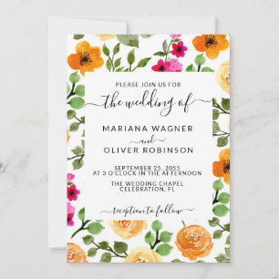 Convite Rosa e Laranja Simples Floral Elegante Script