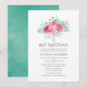 Convite Rosa e Mint Floral Bat Mitzvah