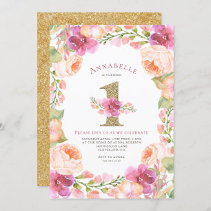 Convite Rosa e partido de primeiro aniversario floral