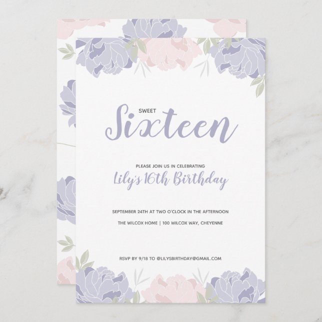 Convite Rosa e Púrpura Doce 16 Festa de aniversário (Frente/Verso)