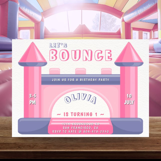 Convite Rosa e Roxo da Festa de aniversario de meninas da  (Bounce House Birthday Party Pink & Purple Invitation
)