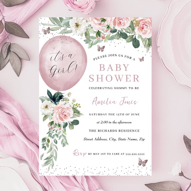 Convite Rosa É um Chá de fraldas de Borboleta Balão-Rapari (Criador carregado)