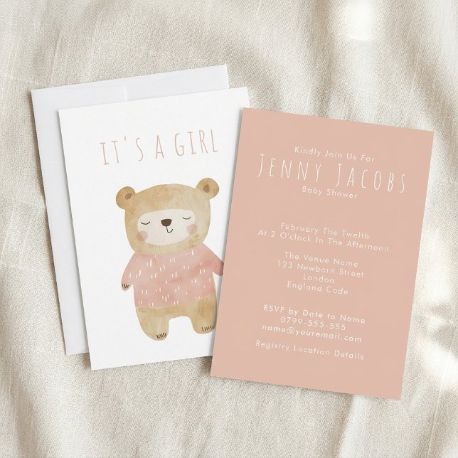 Convite Rosa É um Chá de fraldas de Urso Bonito de Aquarel (Pink It’s a Girl Watercolor cute Bear Baby Shower Invitation)