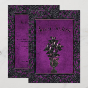 Convite Rosa e Velas Pretas de Quadro Gótico Roxo Doce 16