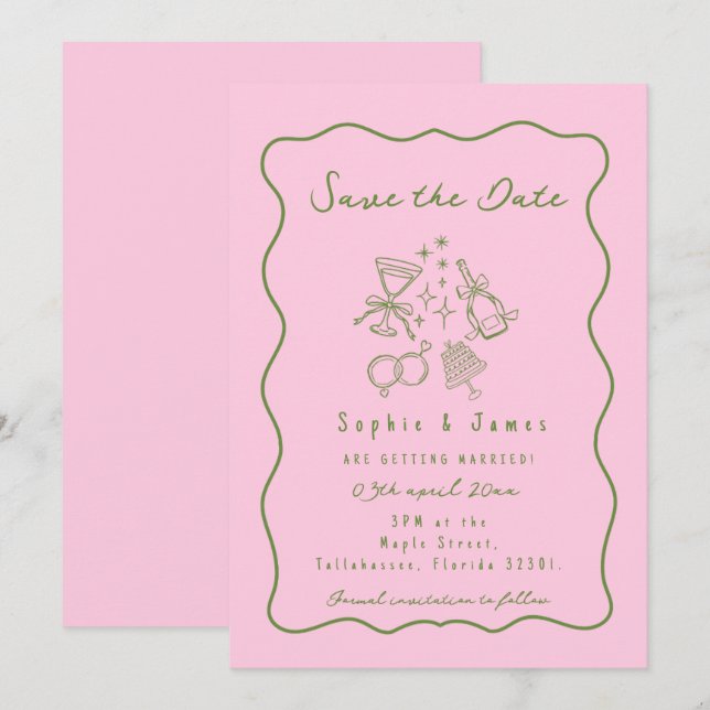 Convite rosa e verde Casamento Moderno Doodle Caprichoso (Frente/Verso)