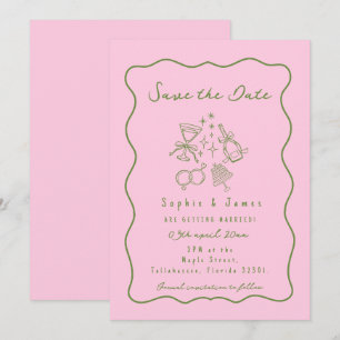 Convite rosa e verde Casamento Moderno Doodle Caprichoso