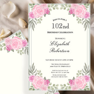Convite Rosa e Verde Sage Floral 102º Aniversário