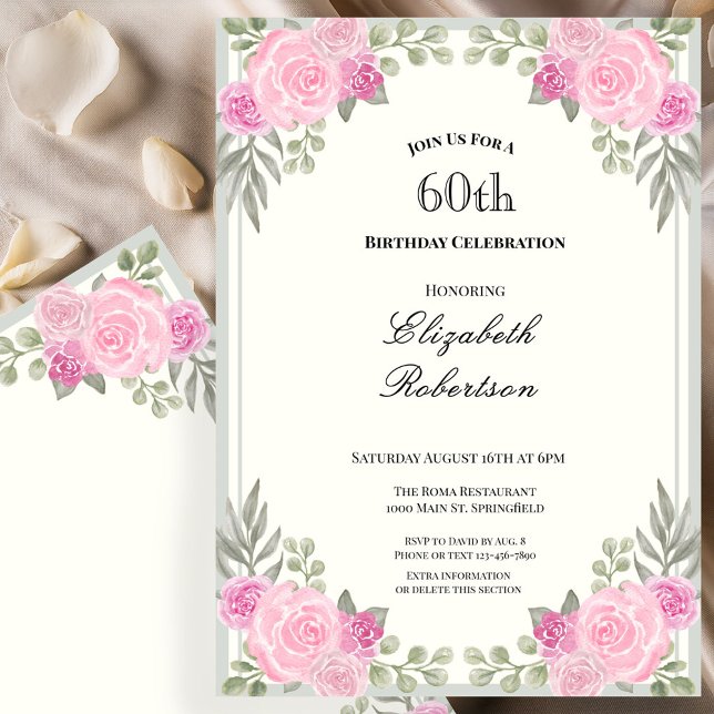 Convite Rosa e Verde Sage Floral 60º Aniversário (Criador carregado)