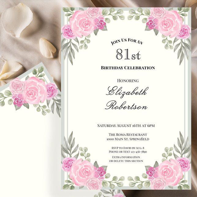 Convite Rosa e Verde Sage Floral 81º Aniversário (Criador carregado)