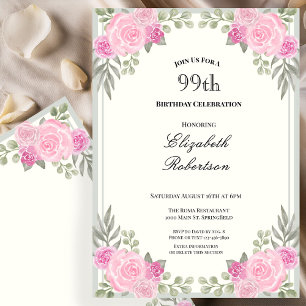 Convite Rosa e Verde Sage Floral 99º Aniversário