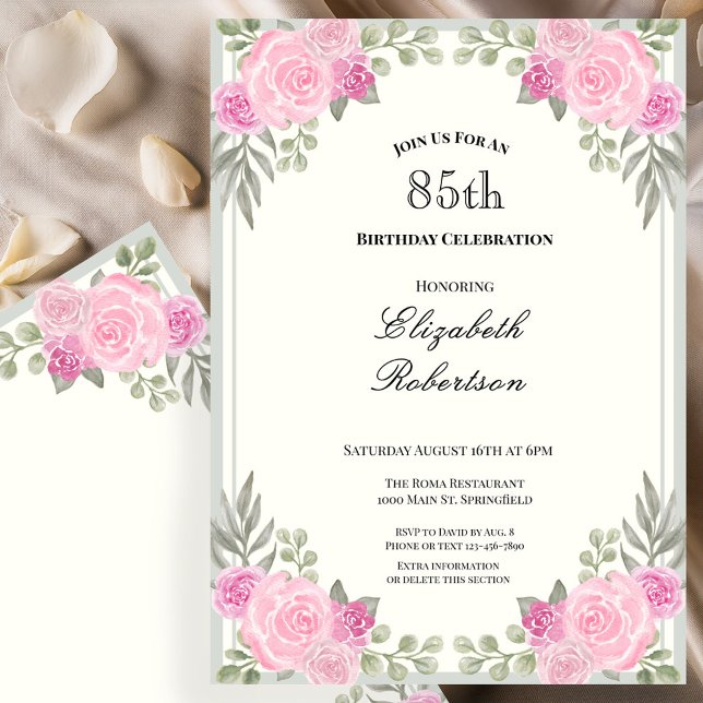 Convite Rosa e Verde Sage Floral Aniversário de 85 Anos (Criador carregado)