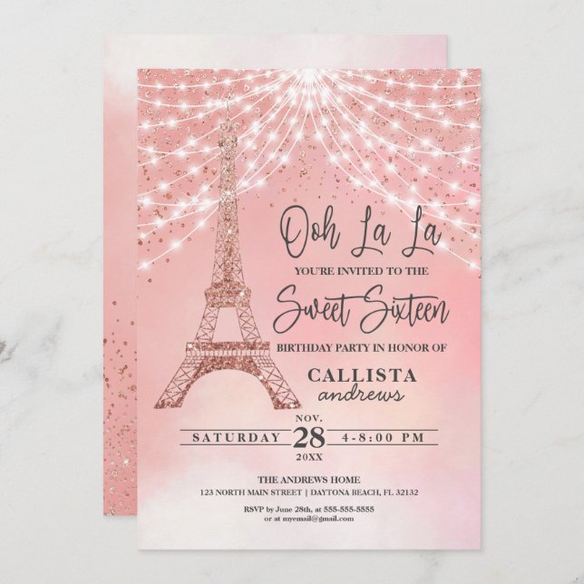 Convite Rosa Eiffel Tower Glitter Sparkles Luzes Doce 16 (Frente/Verso)
