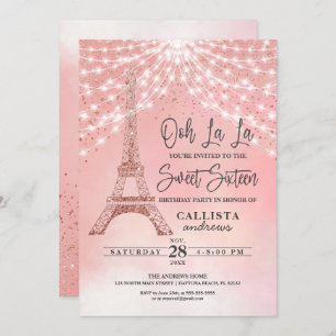 Convite Rosa Eiffel Tower Glitter Sparkles Luzes Doce 16