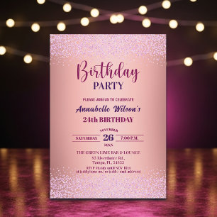 Convite Rosa Elegante com Brilho Metálico Rosa Aniversário