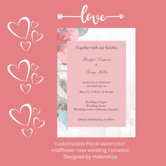 Convite rosa elegante Floral rosa casamento (customizable Floral watercolor 
wildflower rose wedding invitation
Designed by Hobinshop)