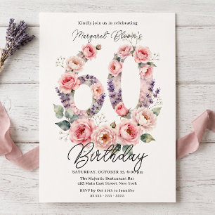 Convite Rosa em Aquarela e Lavanda para 60º Aniversário
