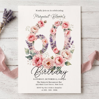 Convite Rosa em Aquarela e Lavanda para 60º Aniversário