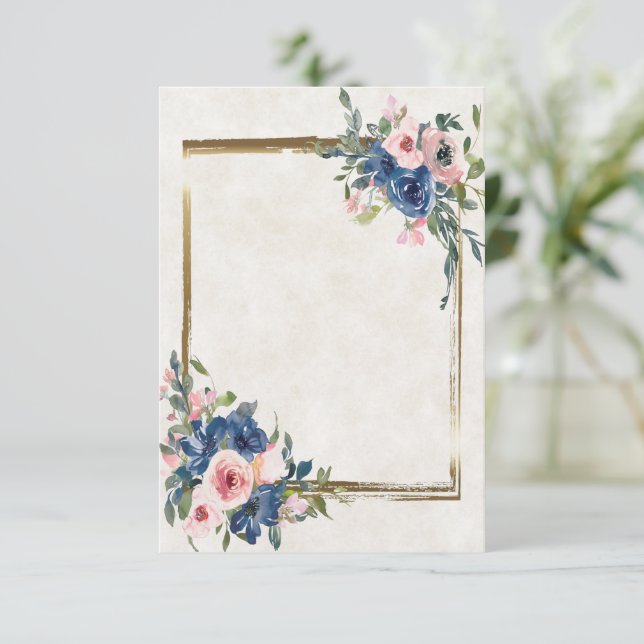 Convite Rosa em branco e floral azul com moldura dourada  (Em pé/Frente)