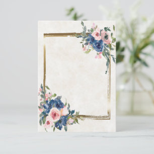 Convite Rosa em branco e floral azul com moldura dourada 