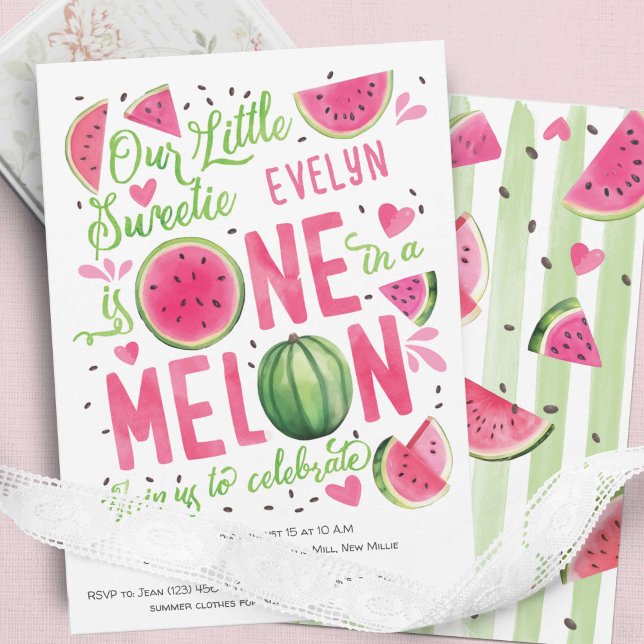 Convite Rosa em Melão, Fruta de Verão, Melancia de Cuta (Summer Adorable  pink Watercolor One In a Melon, Watercolor Themed Girl 1st Birthday Invitations.)