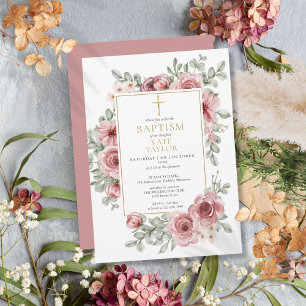 Convite Rosa Empoeirada Floral Dourado Batismo Batizado