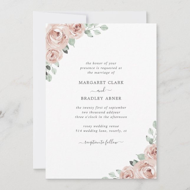 Convite Rosa Empoeirada Floral Elegante Casamento em Aquar (Frente)