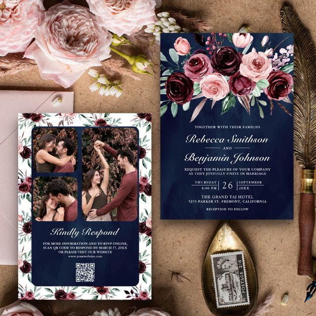Convite Rosa Empoeirado Borgonha Floral Código QR Casament (Criador carregado)