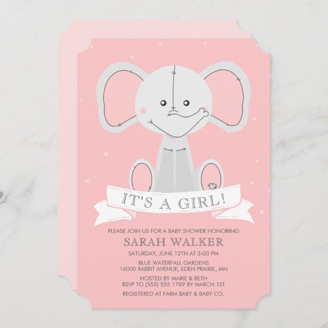 Convite Rosa enchido do elefante é uma menina! Chá de (Frente/Verso)