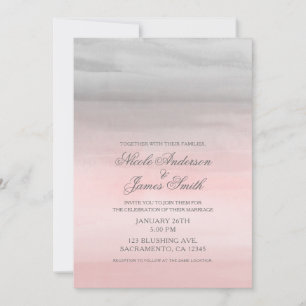 Convite Rosa Enrubescido e Cinza Moderno Casamento Aquarel