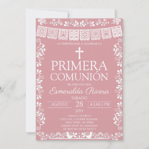 Convite Rosa Enrubescido Papel Picado Primera Comunión