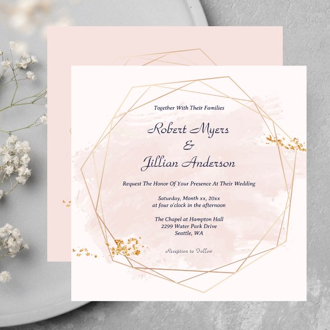 Convite Rosa Esbranquiçada com Casamento Dourado (Blush Pink With Gold Wedding Invitation)
