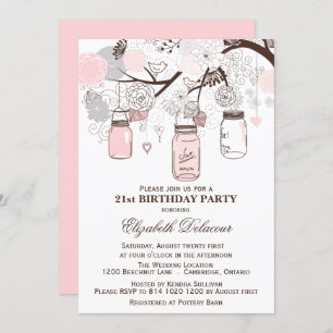 Convite Rosa Esbranquiçada e Cinza Mason Jars Aniversário
