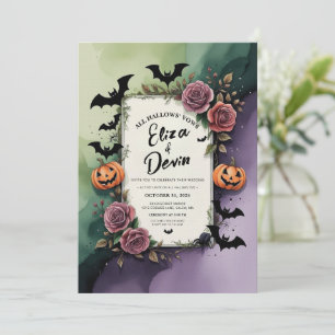 Convite Rosa Escuro Casamento de Halloween Watercolor