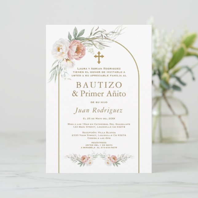 Convite Rosa espanhol voa primeiro aniversario de batismo (Em pé/Frente)