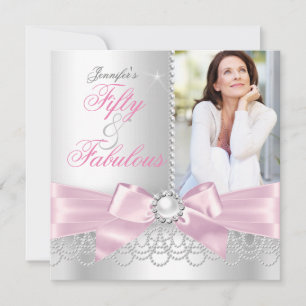 Convite Rosa Fabuloso 50 Laço branco Pérolas Foto Aniversá