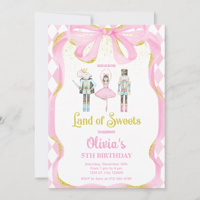 Convite Rosa Fada Terra dos Doces Quebra-Nozes (Frente)