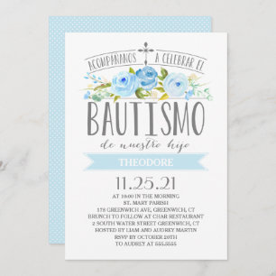 Convite Rosa - Faixa azul  Bautismo espanhol